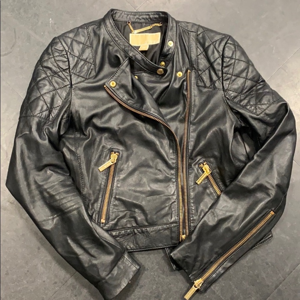 Michael Kors Black Quilted Leather Moto Jacket with Gold Hardware